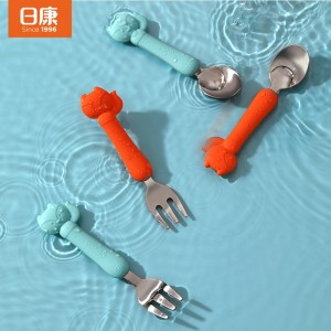 不锈钢训练勺叉宝宝学吃饭勺子卡通硅胶辅食叉勺套装儿童餐具