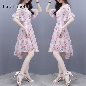 拉夏贝尔 La Chapelle 短袖连衣裙女碎花中长款