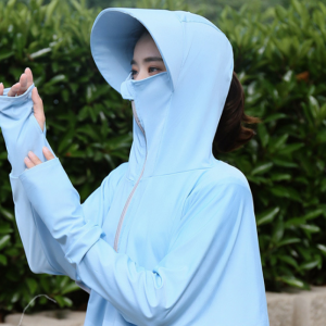 防晒衣女冰丝百搭衫夏季开车电动车摩托车骑行服薄款防晒服防晒帽面罩 防晒衣-蓝色