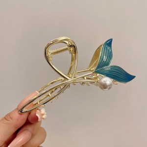 蓝色珍珠精致鱼尾发夹大号抓夹 后脑勺夏季发抓气质鲨鱼夹子头饰
