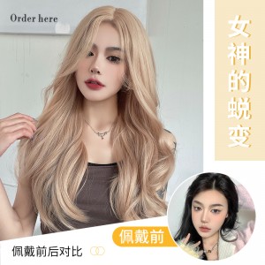 中分假发女亚麻金色卷发 欧美大波浪造型全头套
