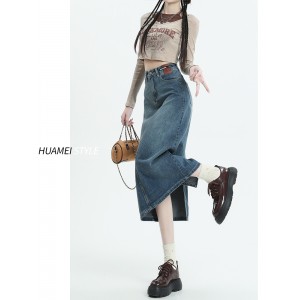 复古牛仔半身裙 女春秋2023年新款 夏季中长款遮跨a字开叉包臀裙子