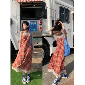 长裙子 春夏蕾丝V领 修身高腰 茶歇法式格子吊带连衣裙女