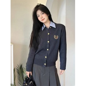 春季英伦学院风针织衫 女式短款宽松上衣 徽章刺绣羊毛开衫 毛衣外套