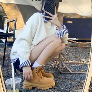 内增高马丁靴 女靴子 2022新款秋冬 真皮厚底大头短靴 复古高帮大黄靴